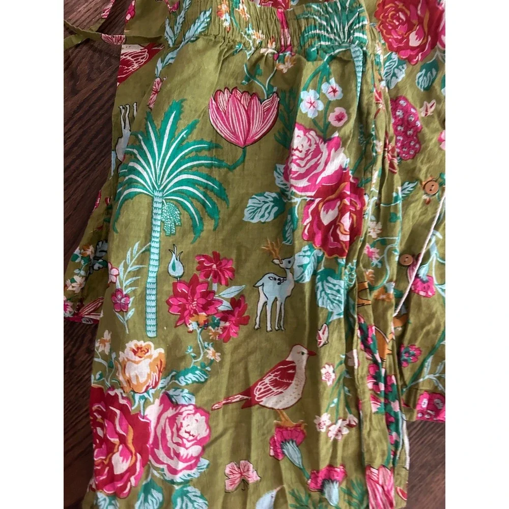 Amranis Pajama Set Green Floral Bird Deer Print Cotton Short Sleeve Sleepwear M